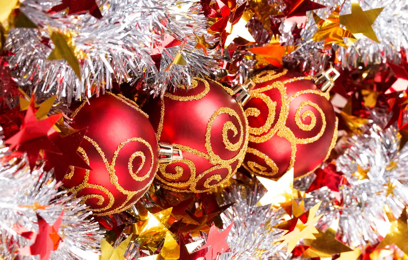 Photo wallpaper red, balls, new year, tinsel, New Year
