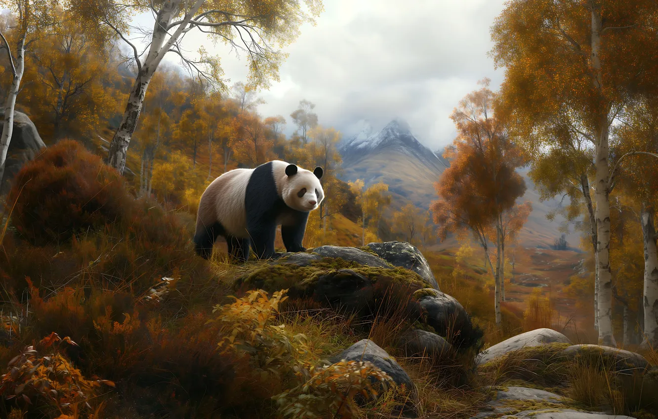 Photo wallpaper grass, trees, mountains, bear, Panda, digital art, AI art, The Art of Artificial Intelligence