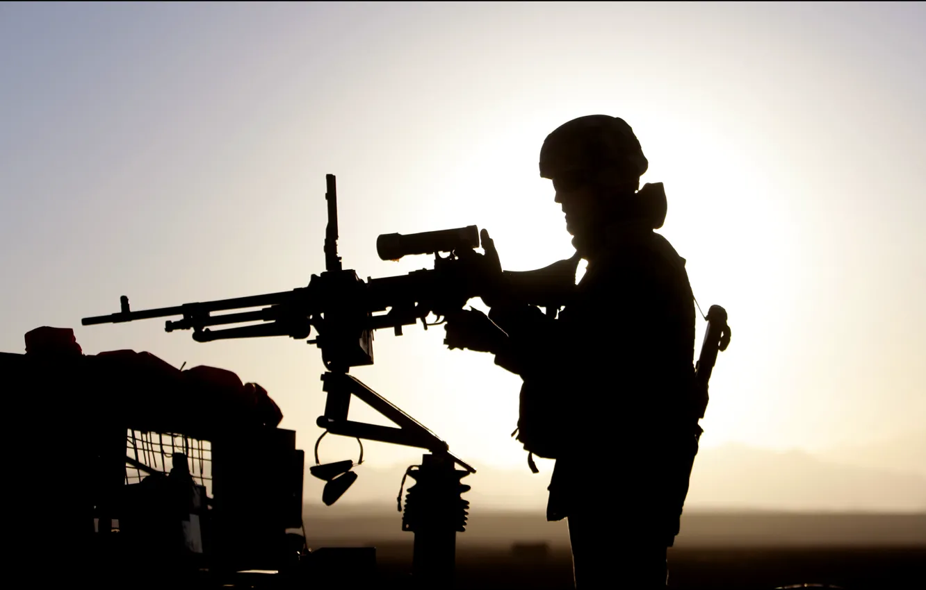 Photo wallpaper sunset, silhouette, soldiers, machine gun, us army
