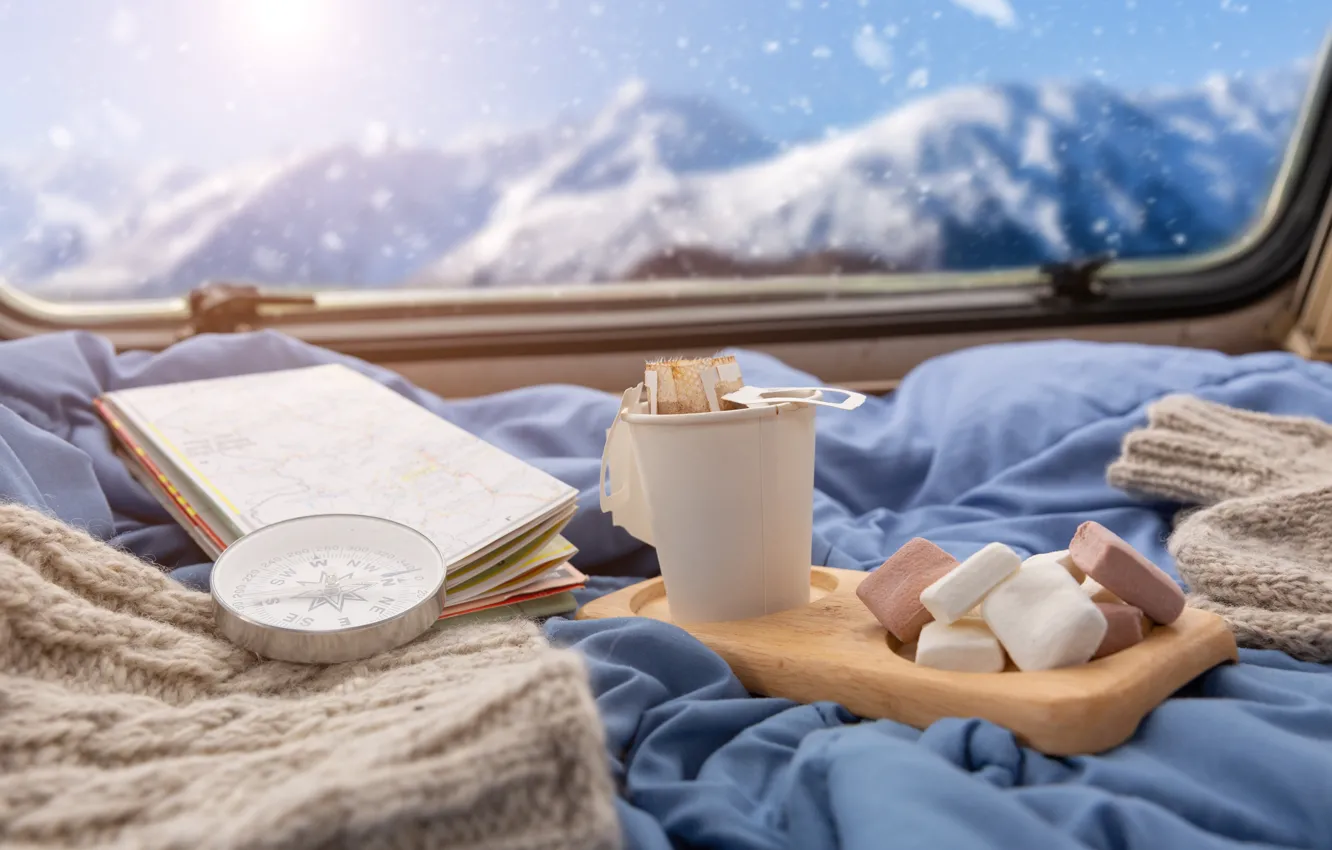 Photo wallpaper snow, mountains, comfort, tea, map, window, compass, marshmallows