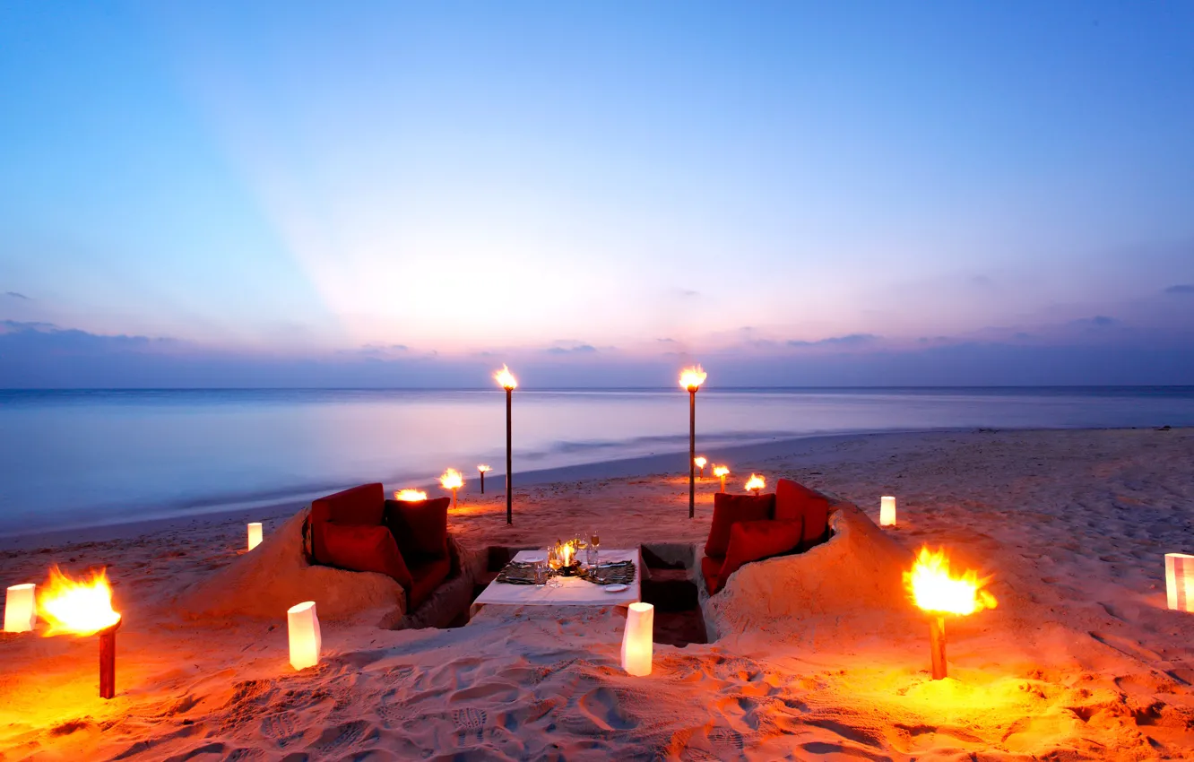 Photo wallpaper beach, the ocean, romance, the evening, dinner