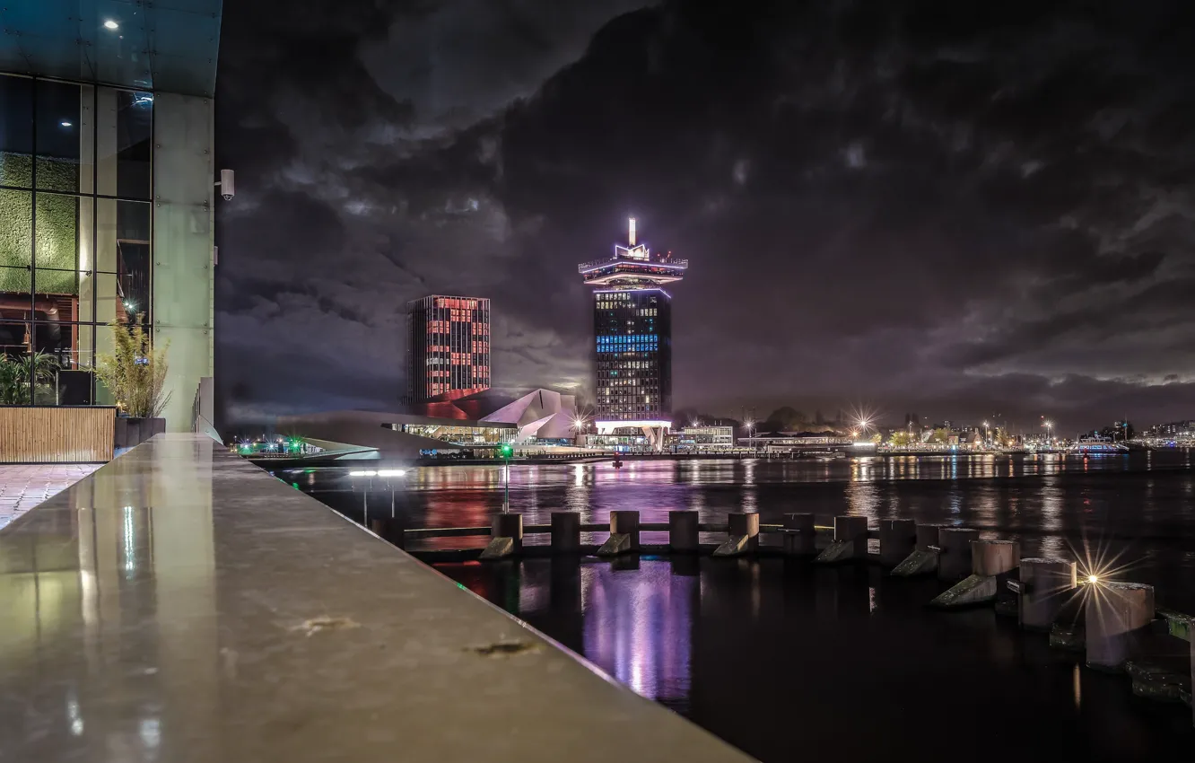 Photo wallpaper night, lights, home, Amsterdam, Netherlands, promenade