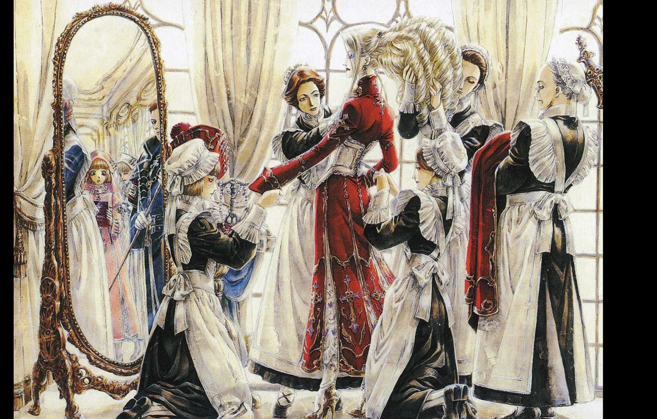 Photo wallpaper mirror, hairstyle, corset, trinity blood, uniform, servants, dressing, maids