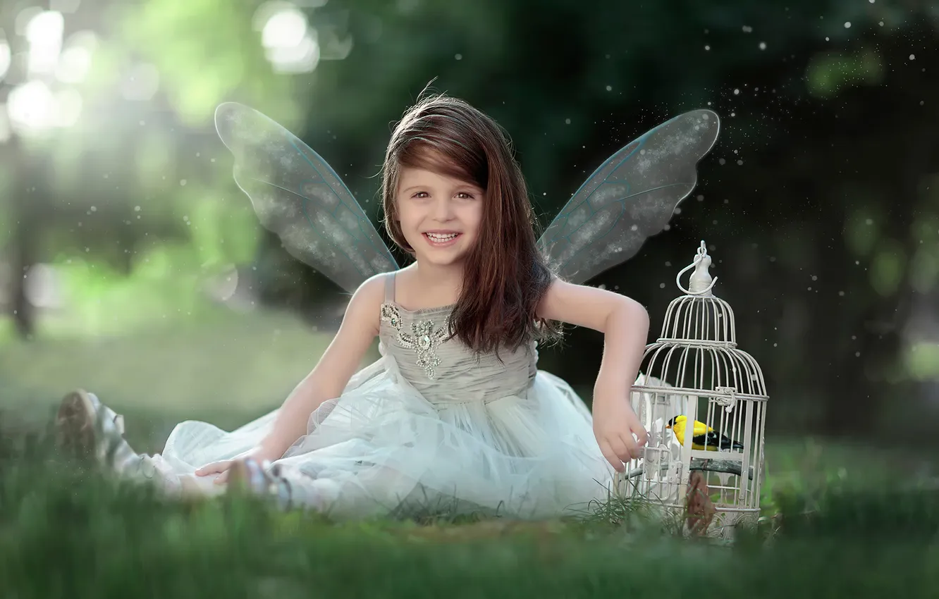 Photo wallpaper smile, angel, cell, girl, bird, Lets fly together