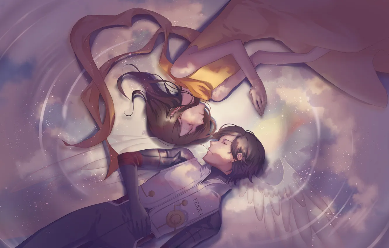 Photo wallpaper the sky, girl, reflection, wings, sleeping, guy, two, Kamina Castle