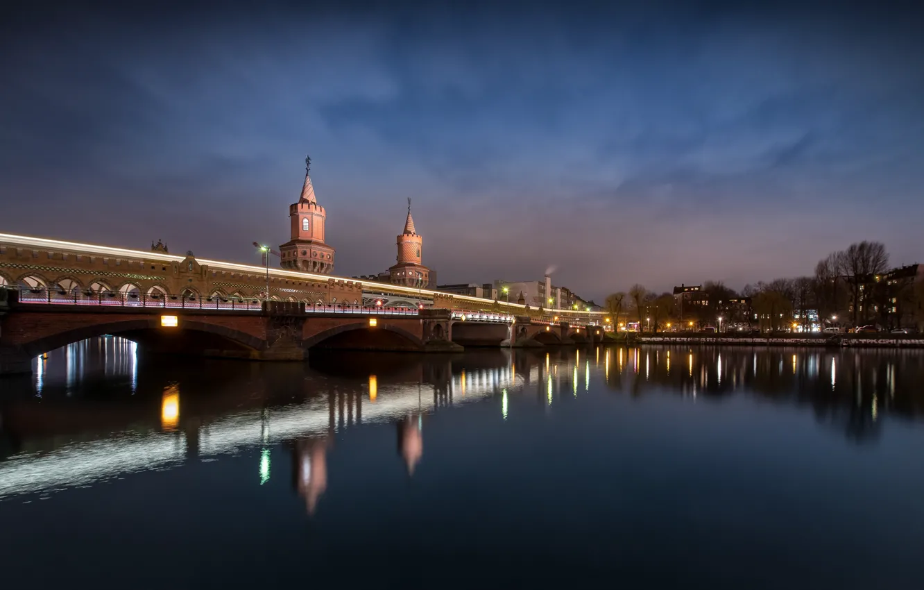Photo wallpaper night, bridge, the city, lights, river, Germany, tower, Berlin