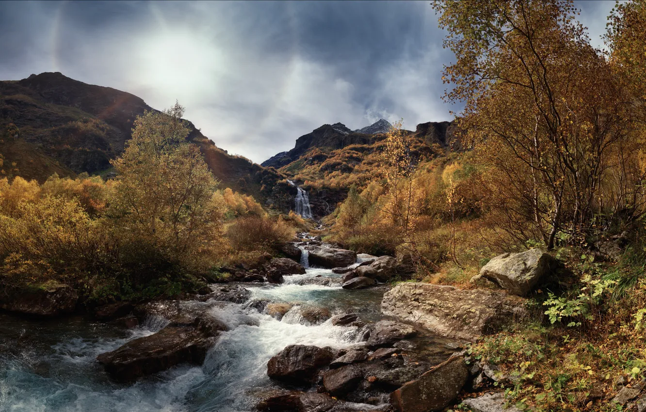 Photo wallpaper autumn, landscape, mountains, nature, river, stones, waterfall, KCR