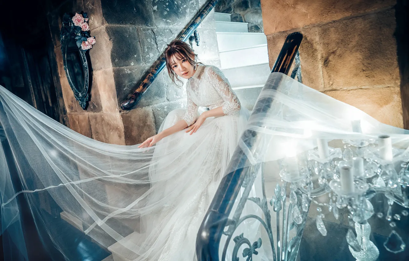 Photo wallpaper white, girl, style, dress, ladder, railings, Asian, the bride