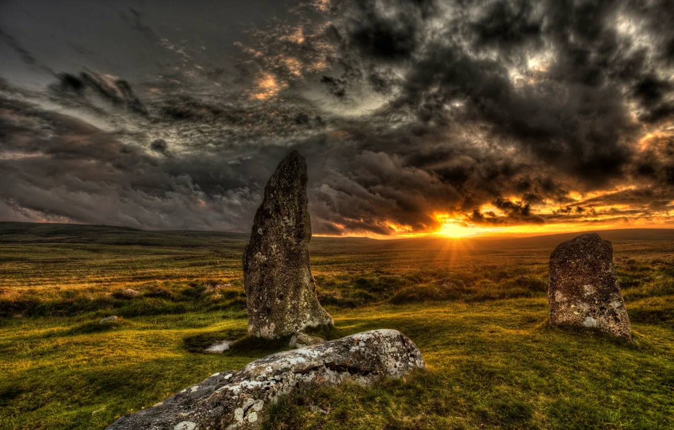 Photo wallpaper landscape, sunset, druidstones, dartmoor