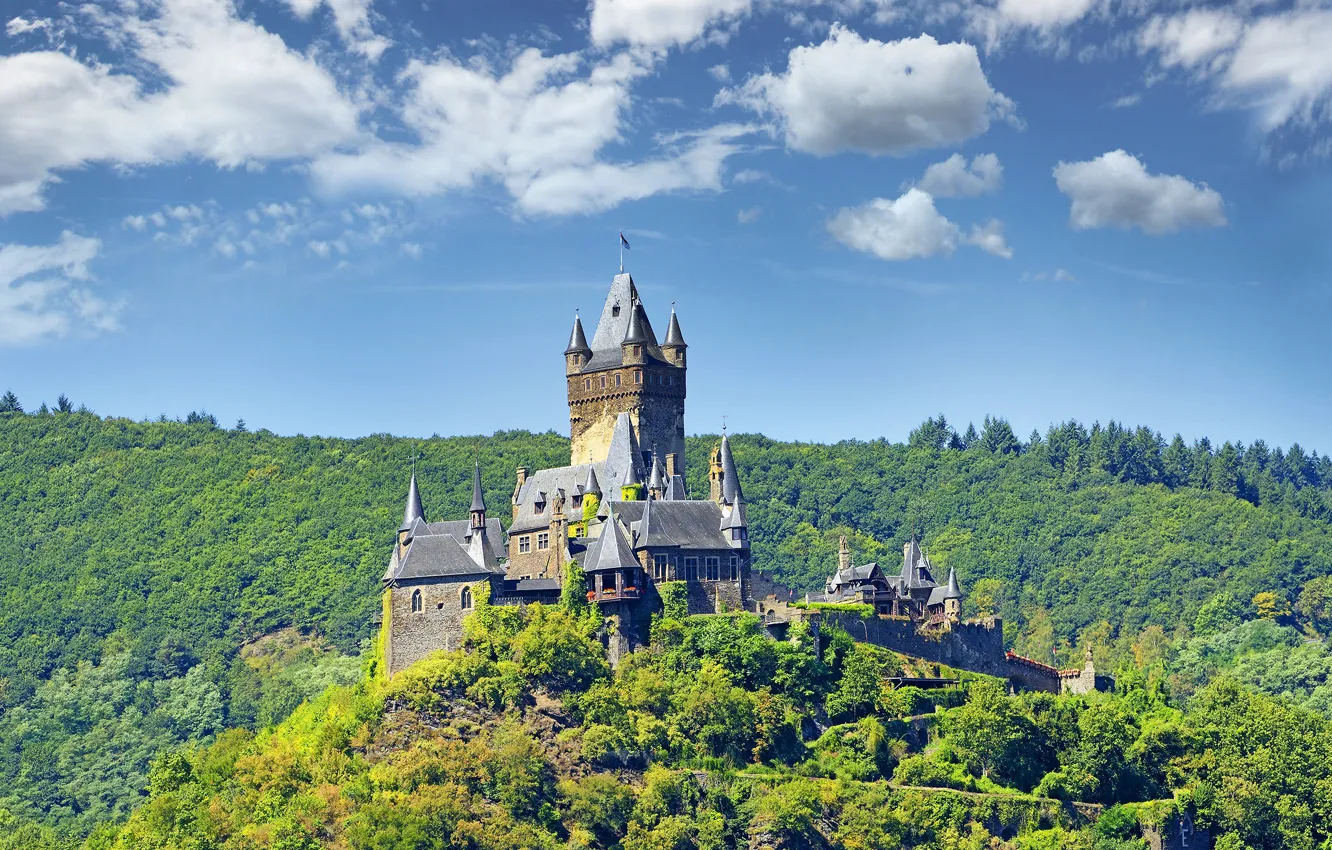 Photo wallpaper forest, the sky, clouds, trees, castle, Germany, Sunny, Cochem