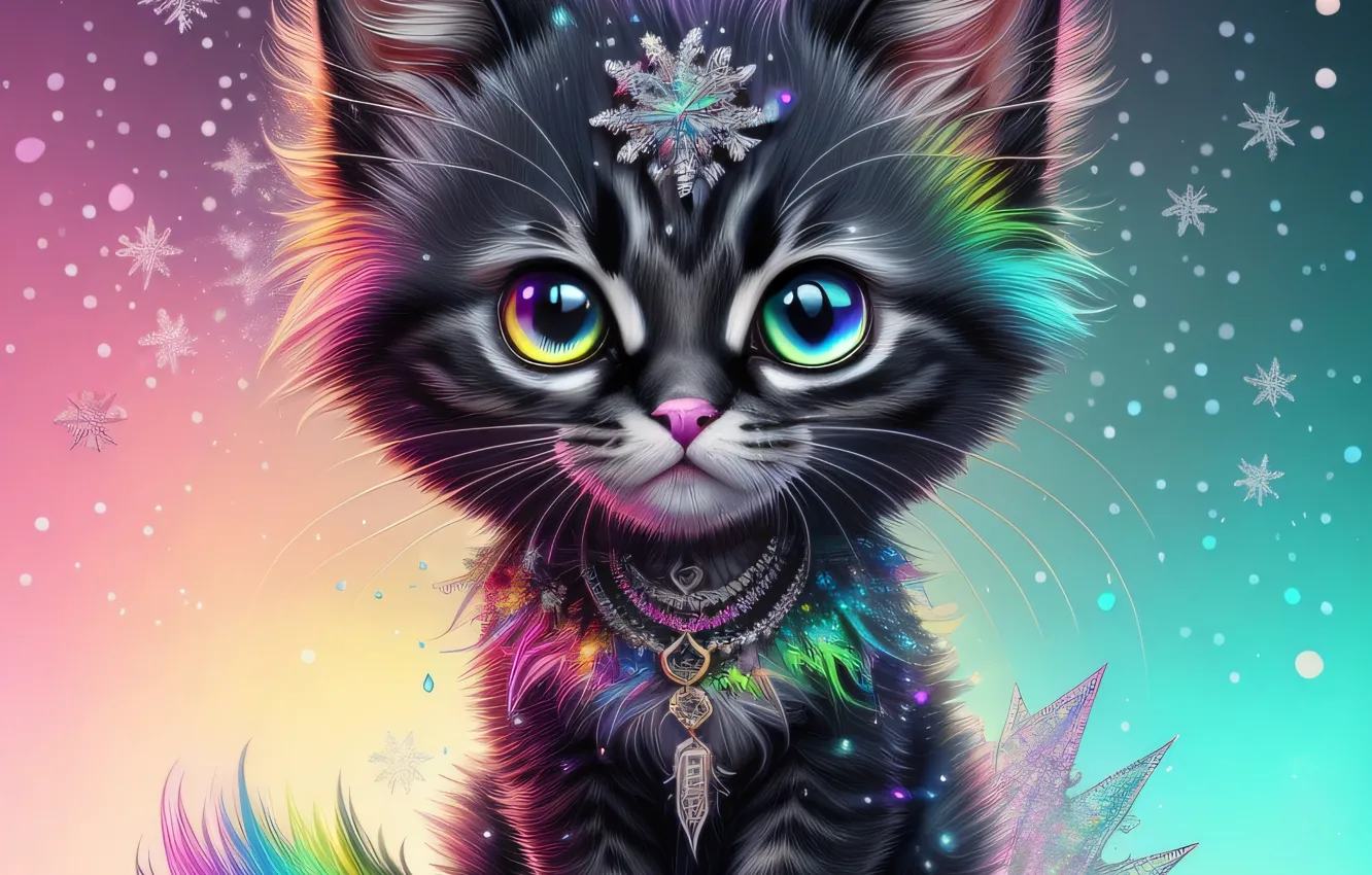 Photo wallpaper winter, cat, eyes, cat, look, snow, decoration, snowflakes