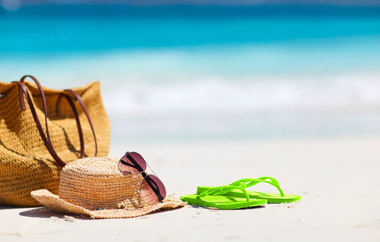 Photo wallpaper sand, sea, beach, summer, glasses, hat, bag, flip flops