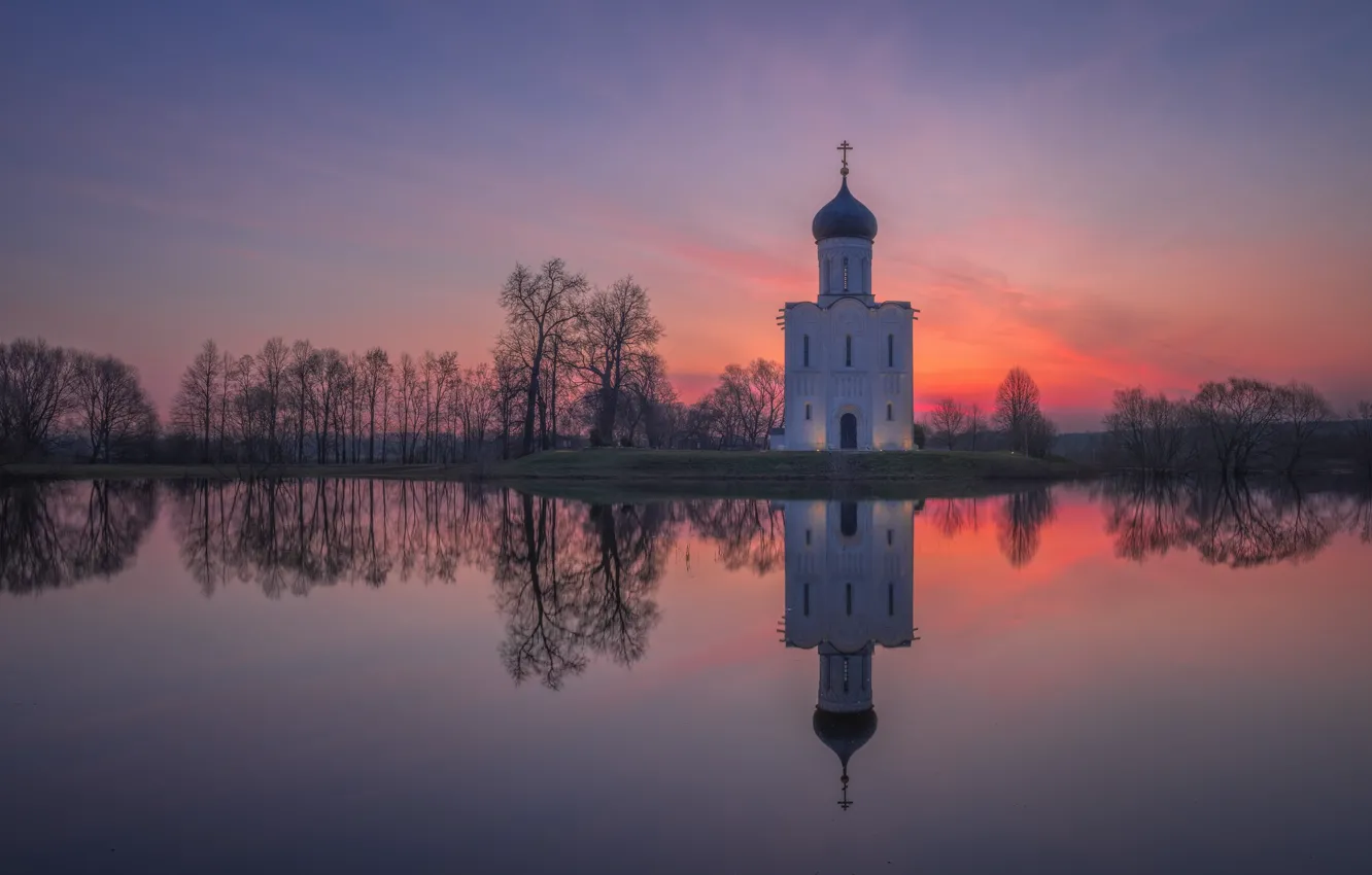 Photo wallpaper trees, sunset, reflection, river, Church, temple, Russia, spill