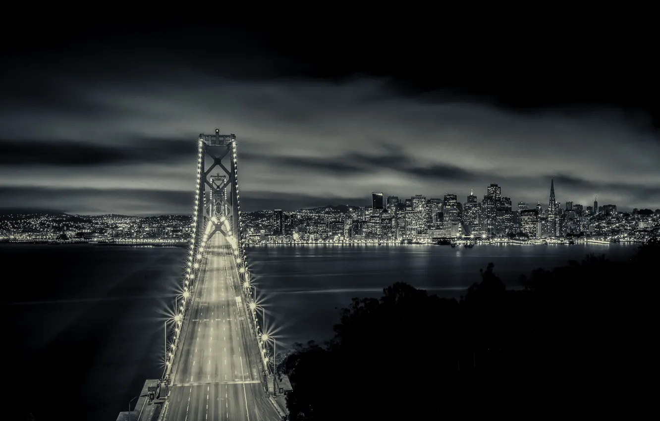 Photo wallpaper night, bridge, lights, CA, San Francisco, California, San Francisco, Bay Bridge
