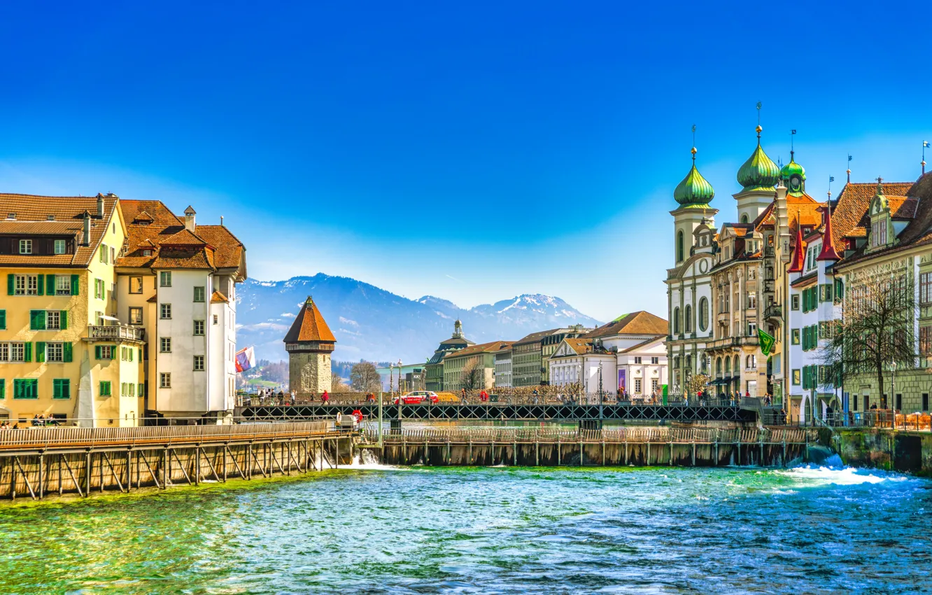 Photo wallpaper mountains, the city, lake, home, Switzerland, Lucerne