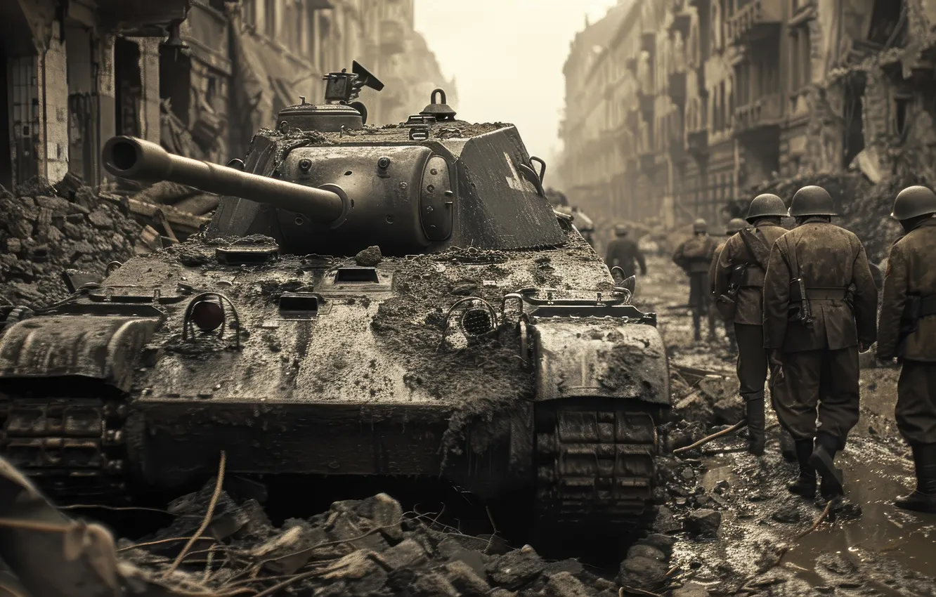 Photo wallpaper Home, Soldiers, Tank, WWII, The great Patriotic war, The Second World War, Digital art, Devastation