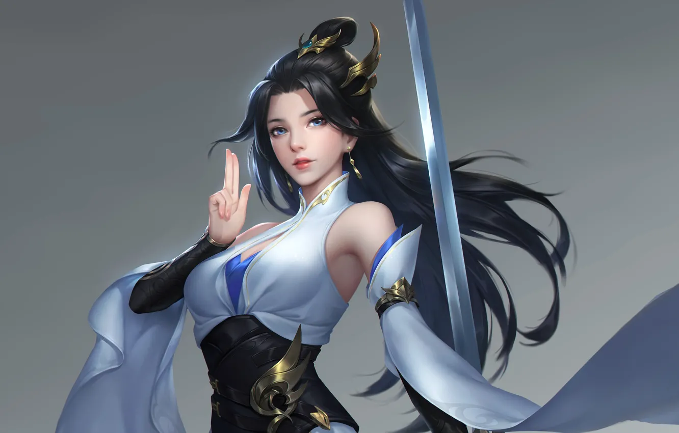 Photo wallpaper sword, weapon, women, drawing, dark hair, simple background, xianxia, hair accessories