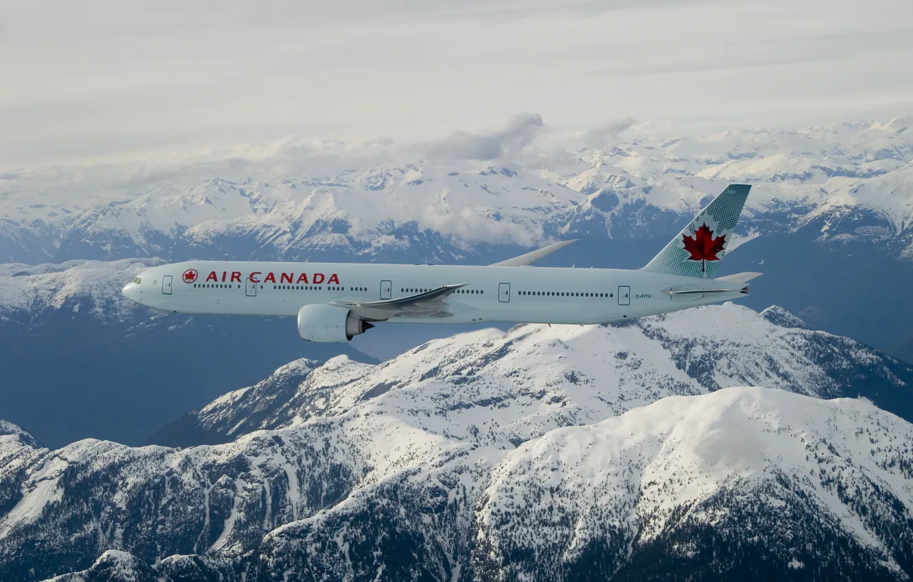 Photo wallpaper clouds, snow, flight, mountains, Boeing, maple leaf, Air Canada, 777-300ER