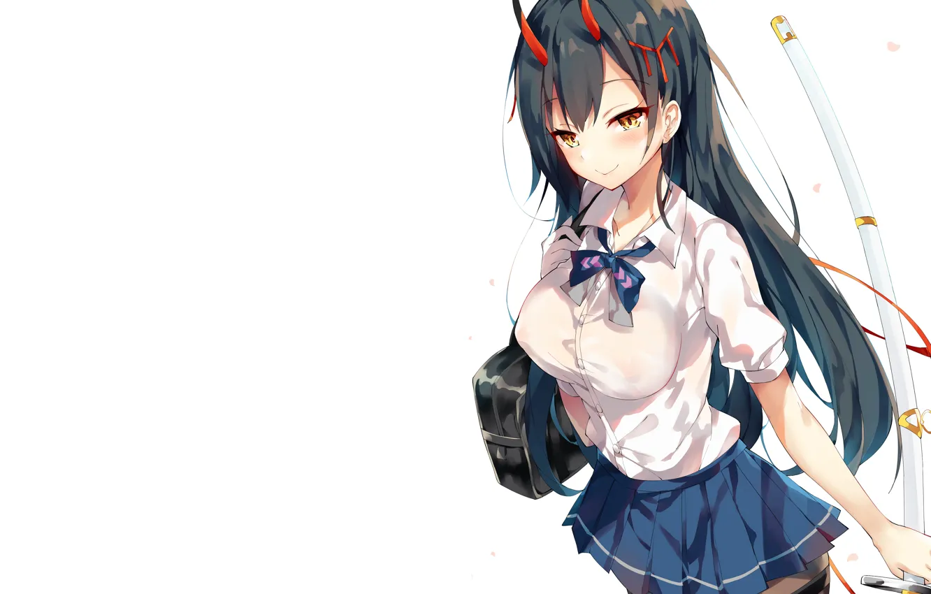 Photo wallpaper girl, sexy, blouse, school uniform, thighhighs, long hair, anime, beautiful