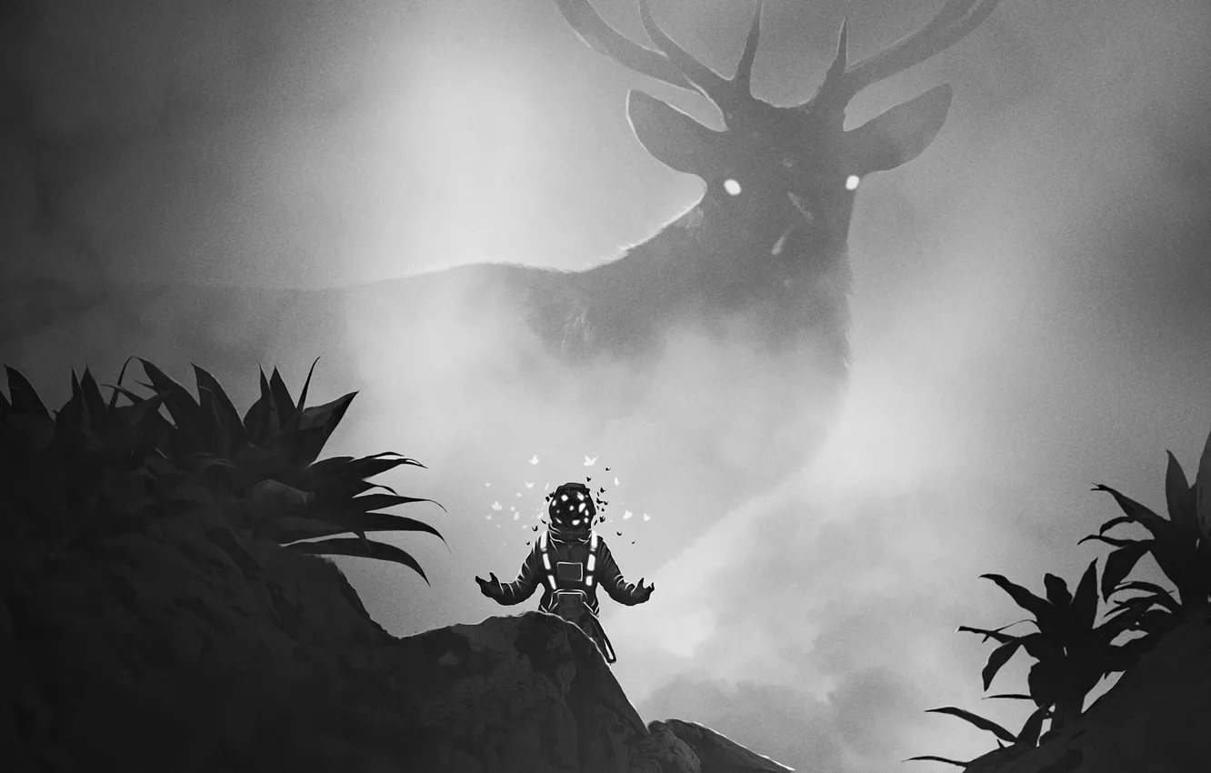 Photo wallpaper The suit, People, Deer, Fantasy, Art, Animal, Black and white, Environments