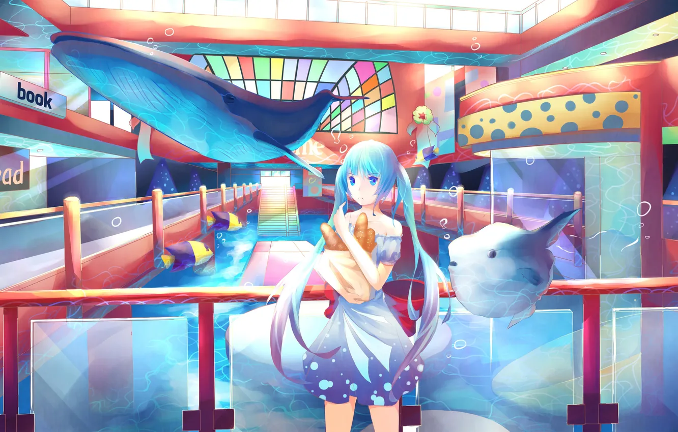 Photo wallpaper look, water, girl, fish, dress, kit, bread, art