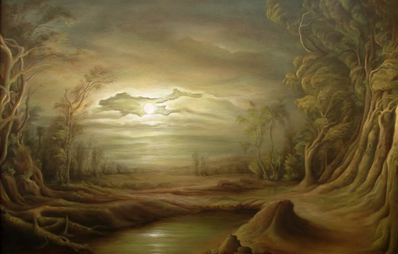 Photo wallpaper forest, water, trees, landscape, night, pond, the moon, art