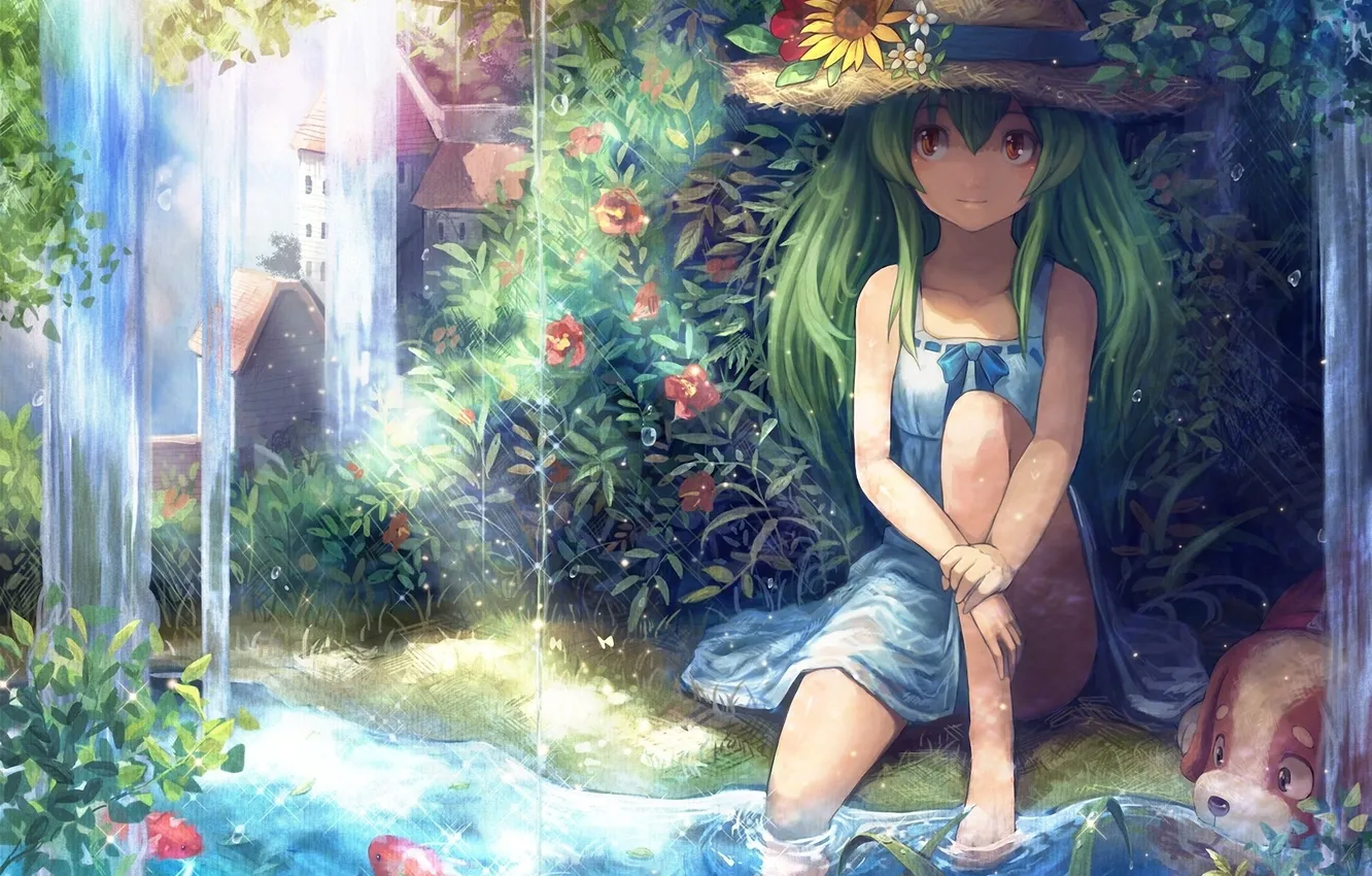 Photo wallpaper water, flowers, squirt, the city, river, dog, fish, hat