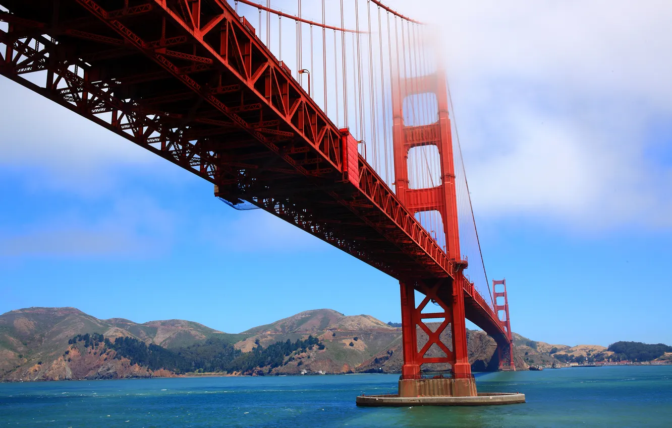 Photo wallpaper sea, the sky, clouds, mountains, bridge, support, San Francisco, Golden Gate