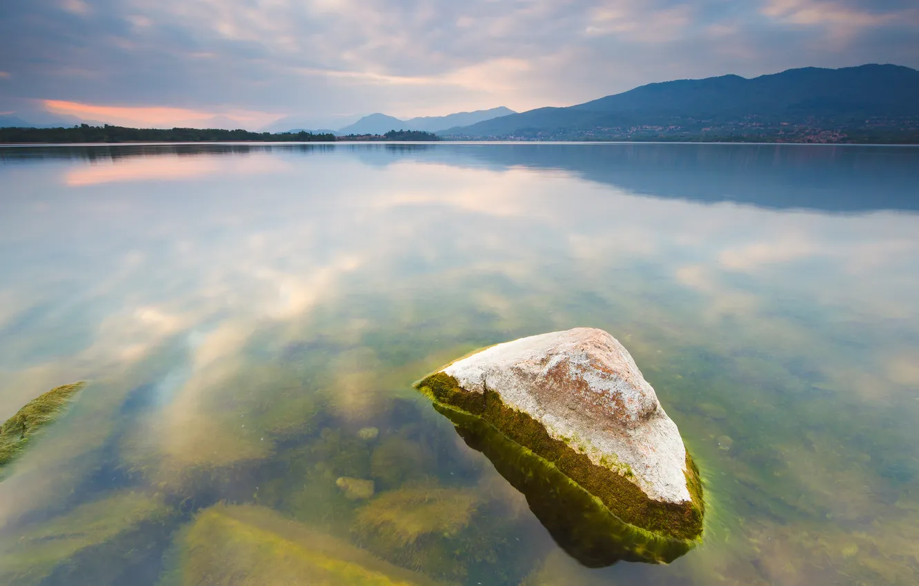 Photo wallpaper the sky, water, clouds, mountains, nature, reflection, river, stones