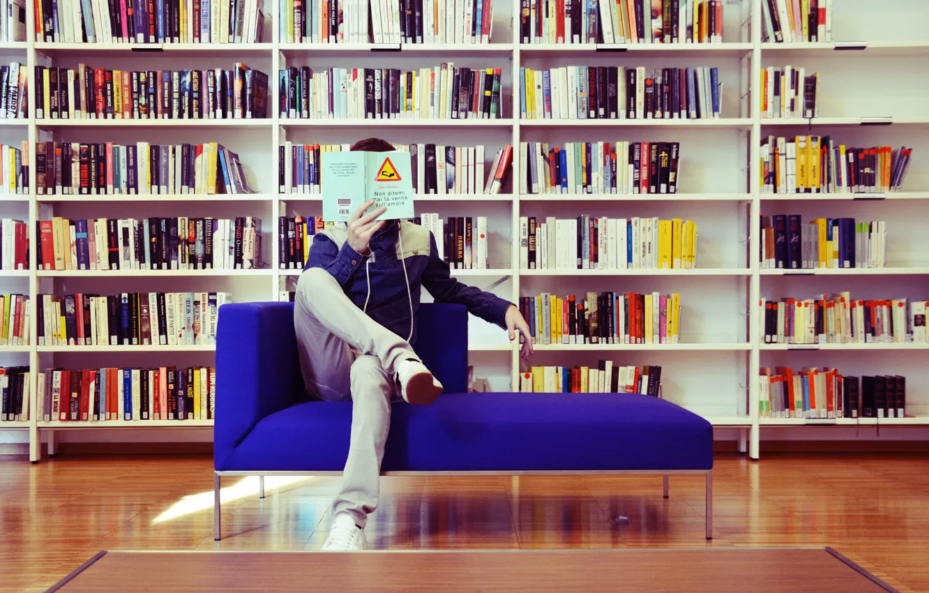 Photo wallpaper sofa, books, male, library, reading