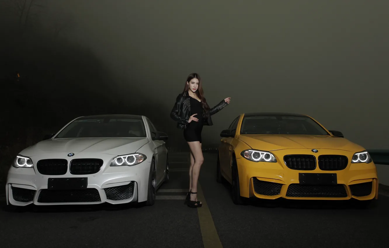 Photo wallpaper road, look, Girls, BMW, Asian, cars, beautiful girl