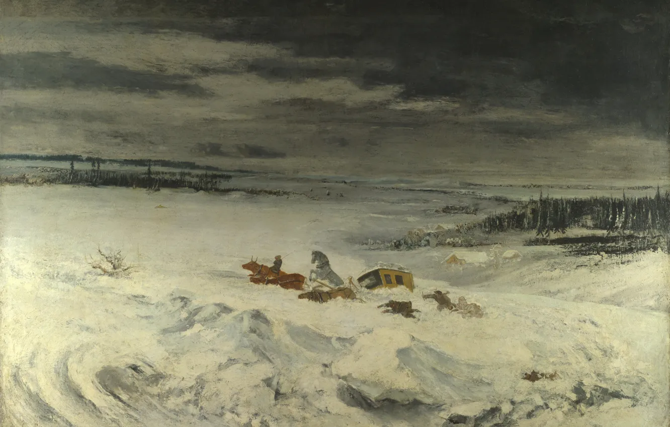 Photo wallpaper winter, landscape, picture, Gustave Courbet, Gustave Courbet, Stagecoach in the Snow