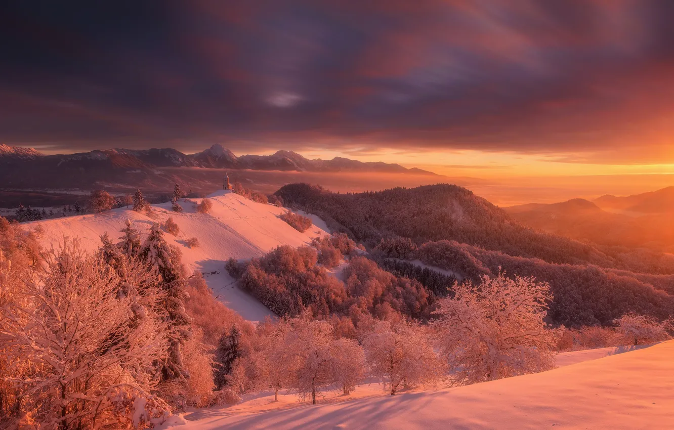 Photo wallpaper winter, snow, trees, sunset, mountains, Church, Slovenia, The Julian Alps