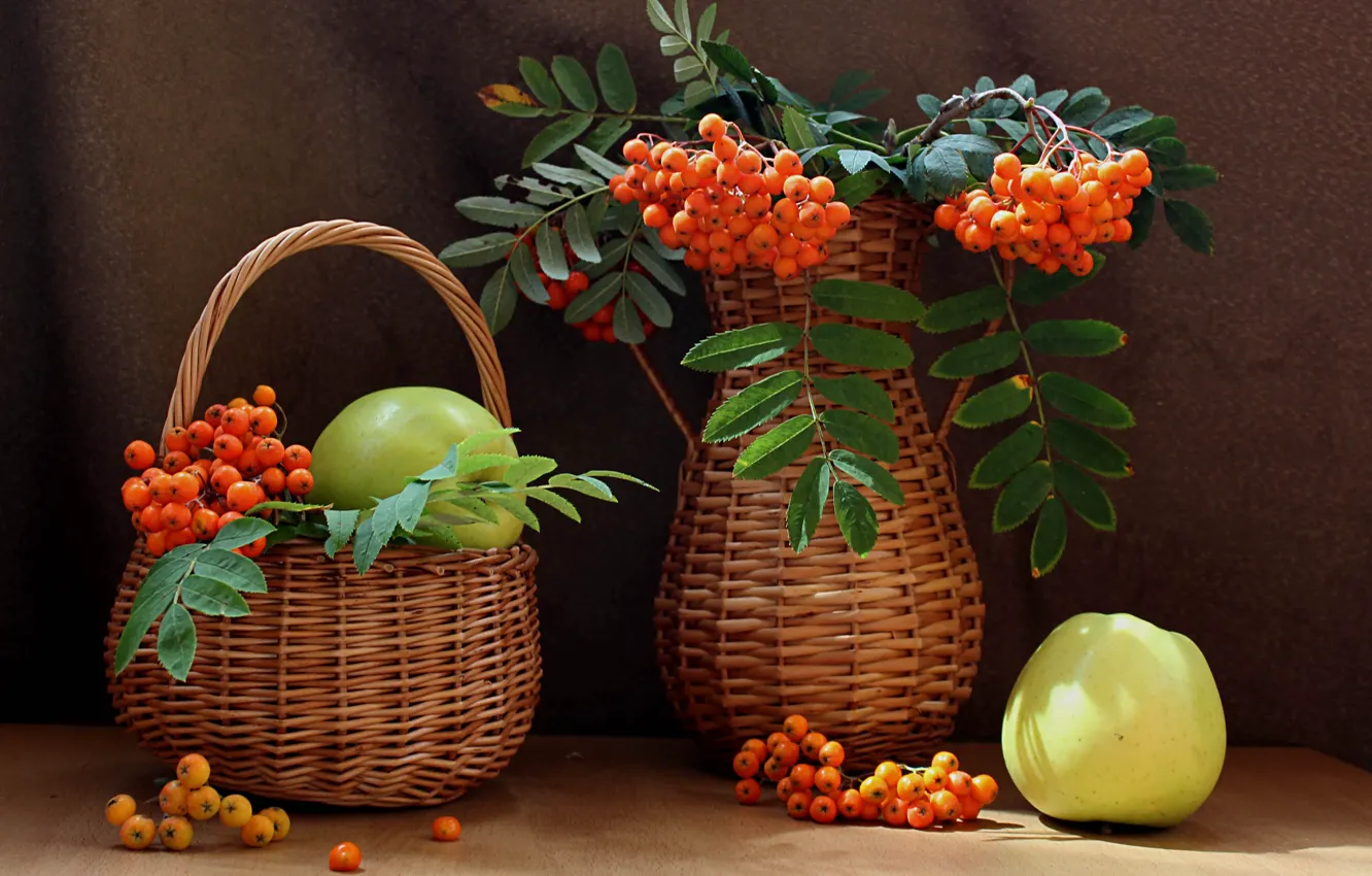 Photo wallpaper summer, berries, apples, fruit, still life, Rowan