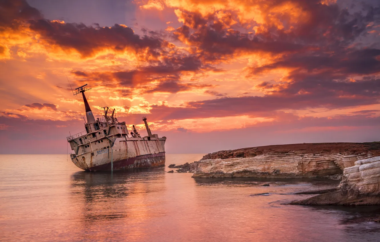 Photo wallpaper sea, the sky, clouds, sunset, stones, shore, ship, horizon