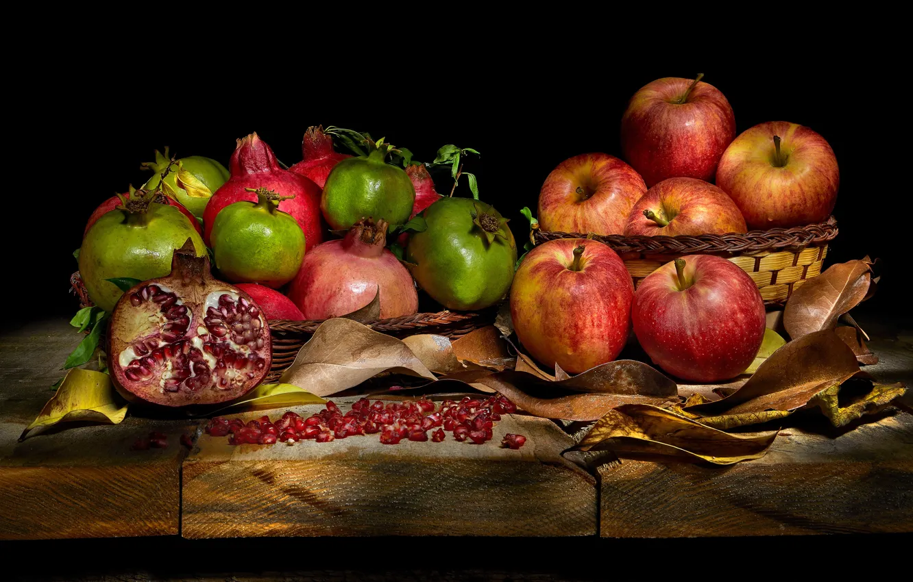 Photo wallpaper apples, Board, food, grain, fruit, black background, still life, items