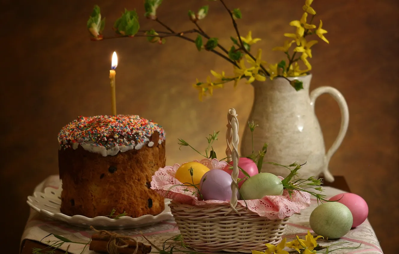 Photo wallpaper branches, holiday, basket, candle, eggs, Easter, pitcher, table