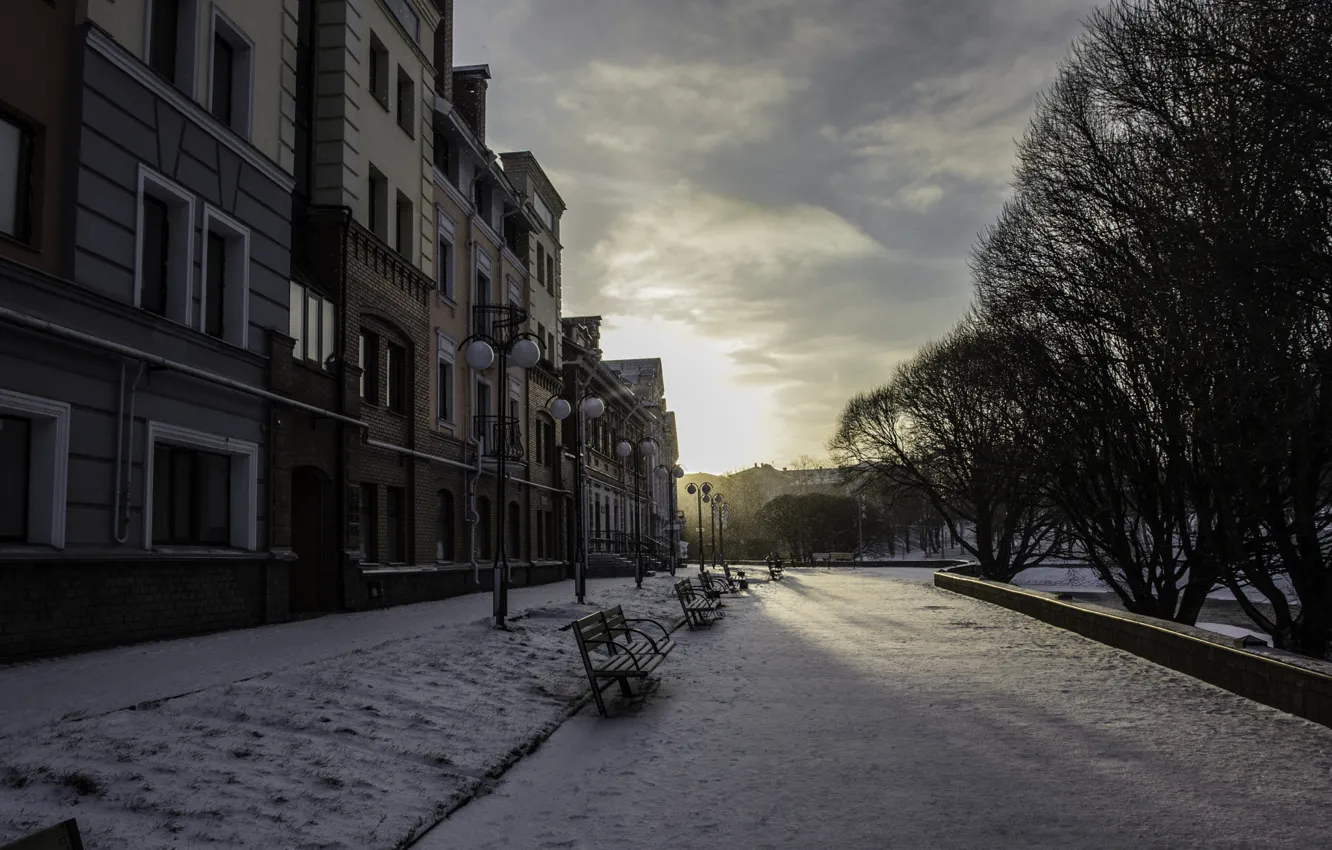 Photo wallpaper winter, snow, trees, bench, Russia, architecture, Pskov