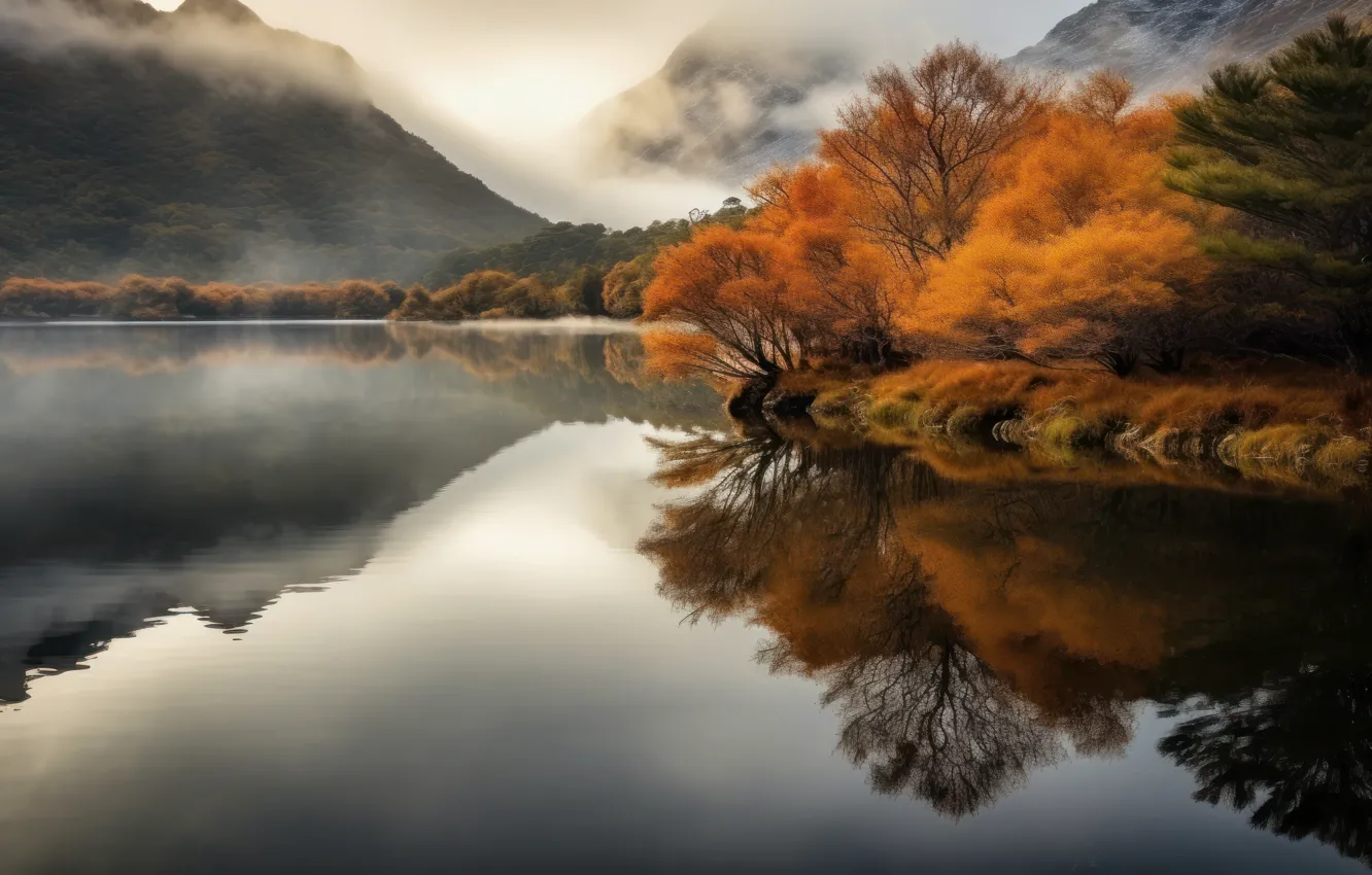 Photo wallpaper autumn, forest, trees, landscape, mountains, nature, fog, lake