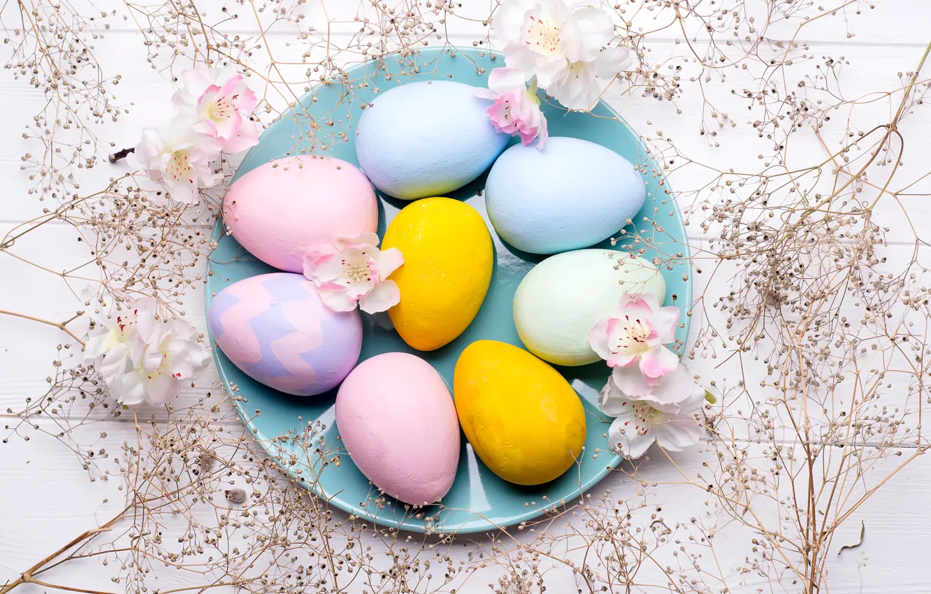 Photo wallpaper flowers, eggs, colorful, Easter, flowers, Easter, eggs