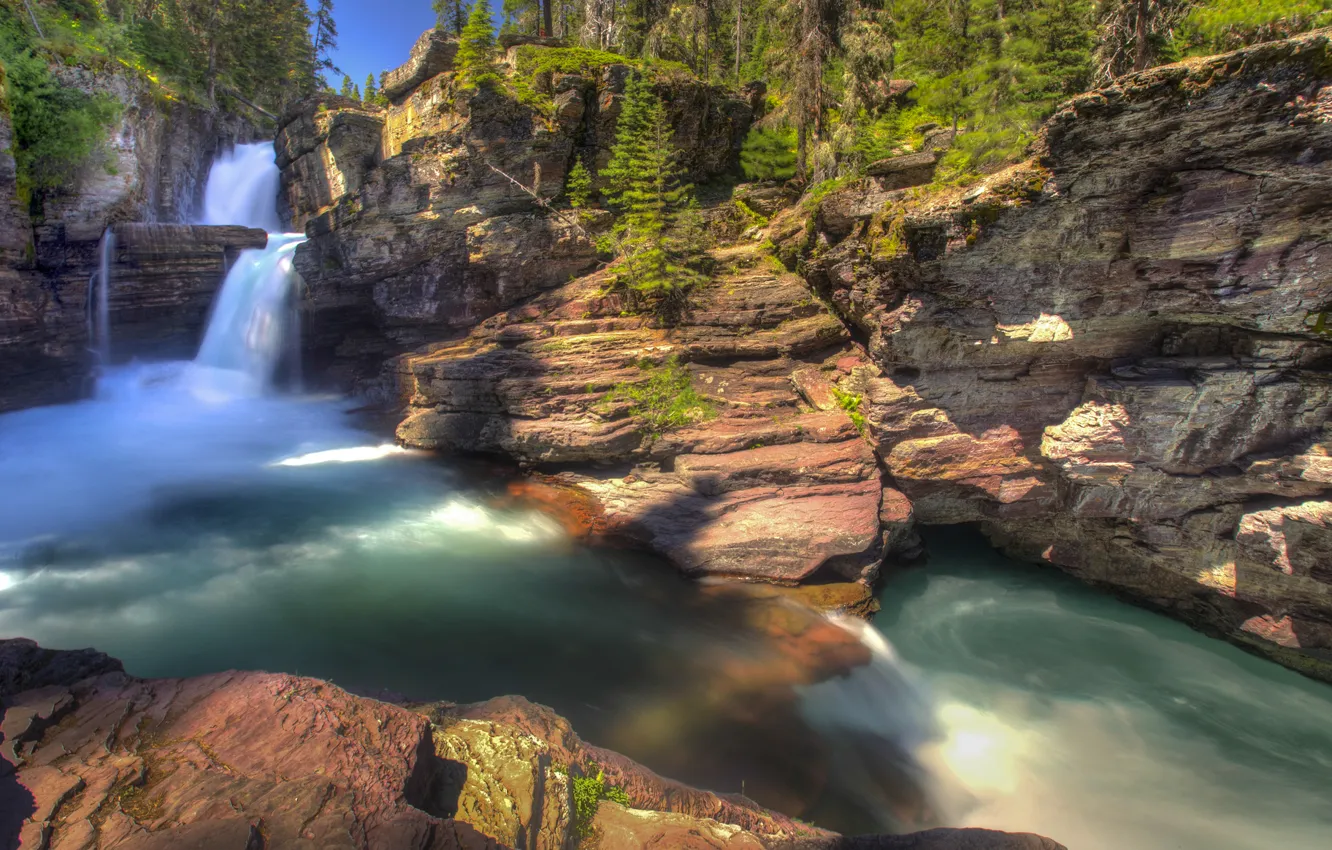 Photo wallpaper forest, Park, waterfall, Glacier National Park, Montana, St Mary Falls