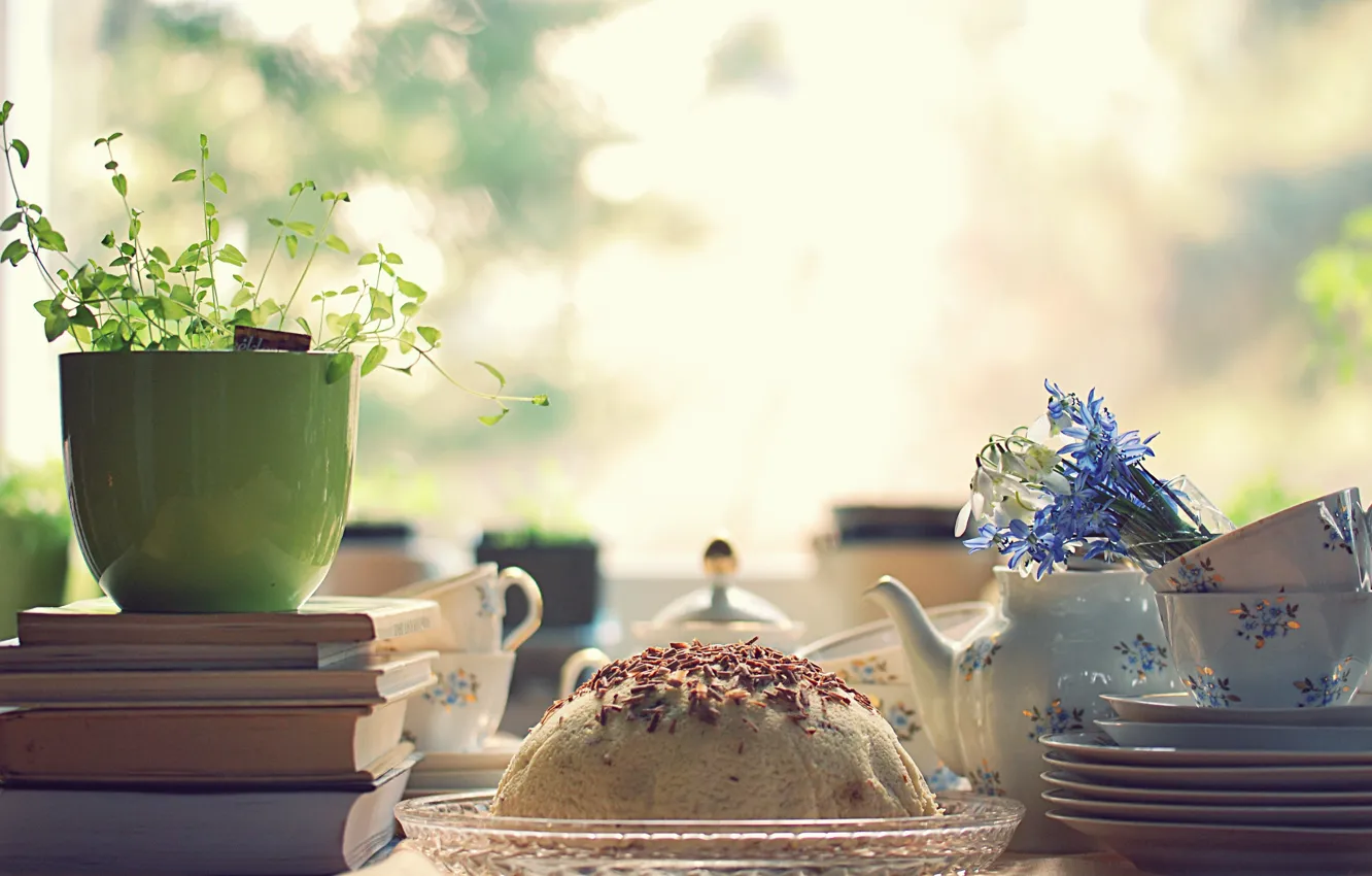 Photo wallpaper light, flowers, table, mood, books, Breakfast, morning, Cup