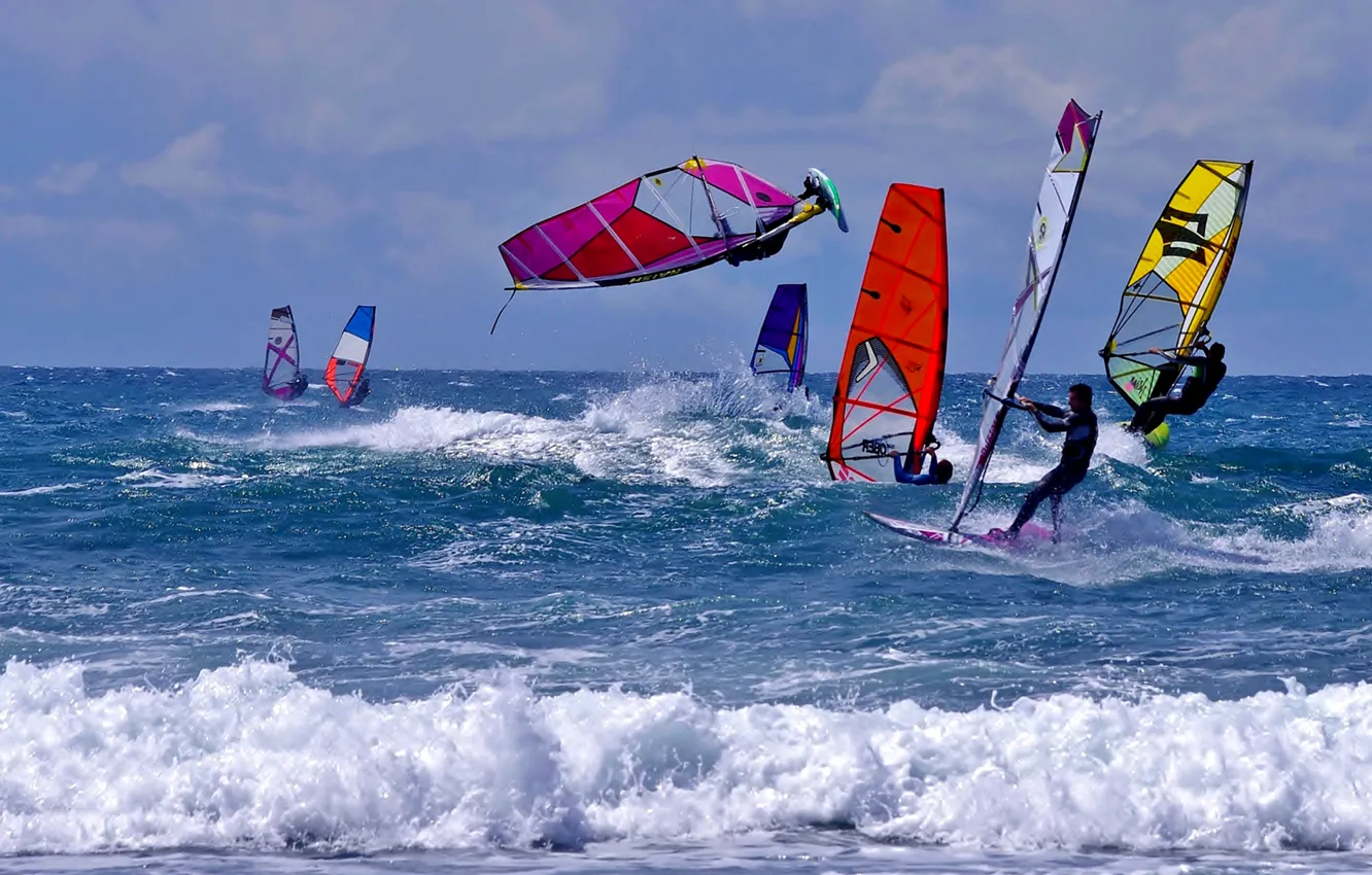 Photo wallpaper sea, wave, the wind, sail, Board, Windsurfing