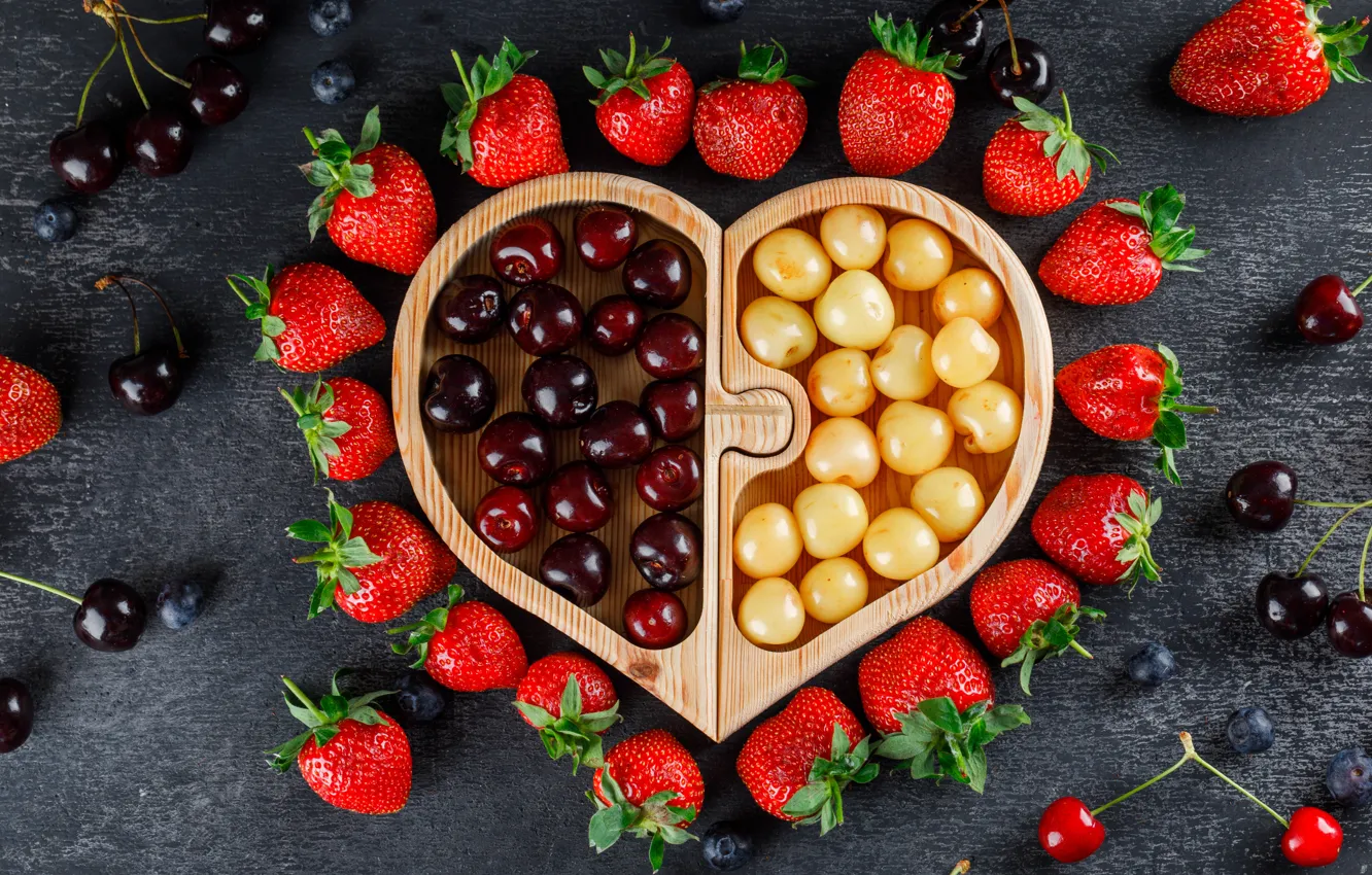 Photo wallpaper cherry, berries, heart, strawberry, tray, cherry