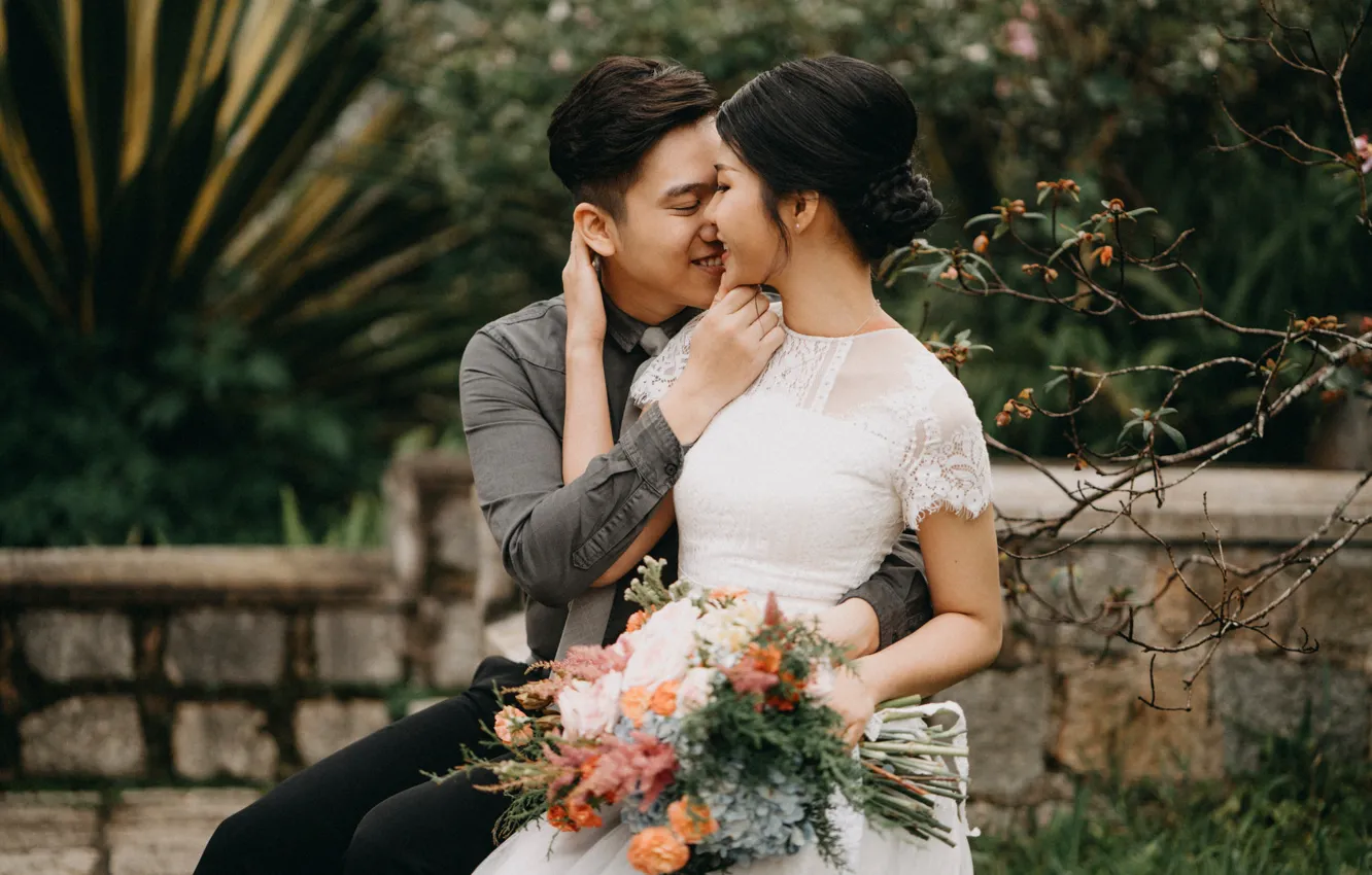 Photo wallpaper smile, bouquet, lovers, the bride, the groom, wedding