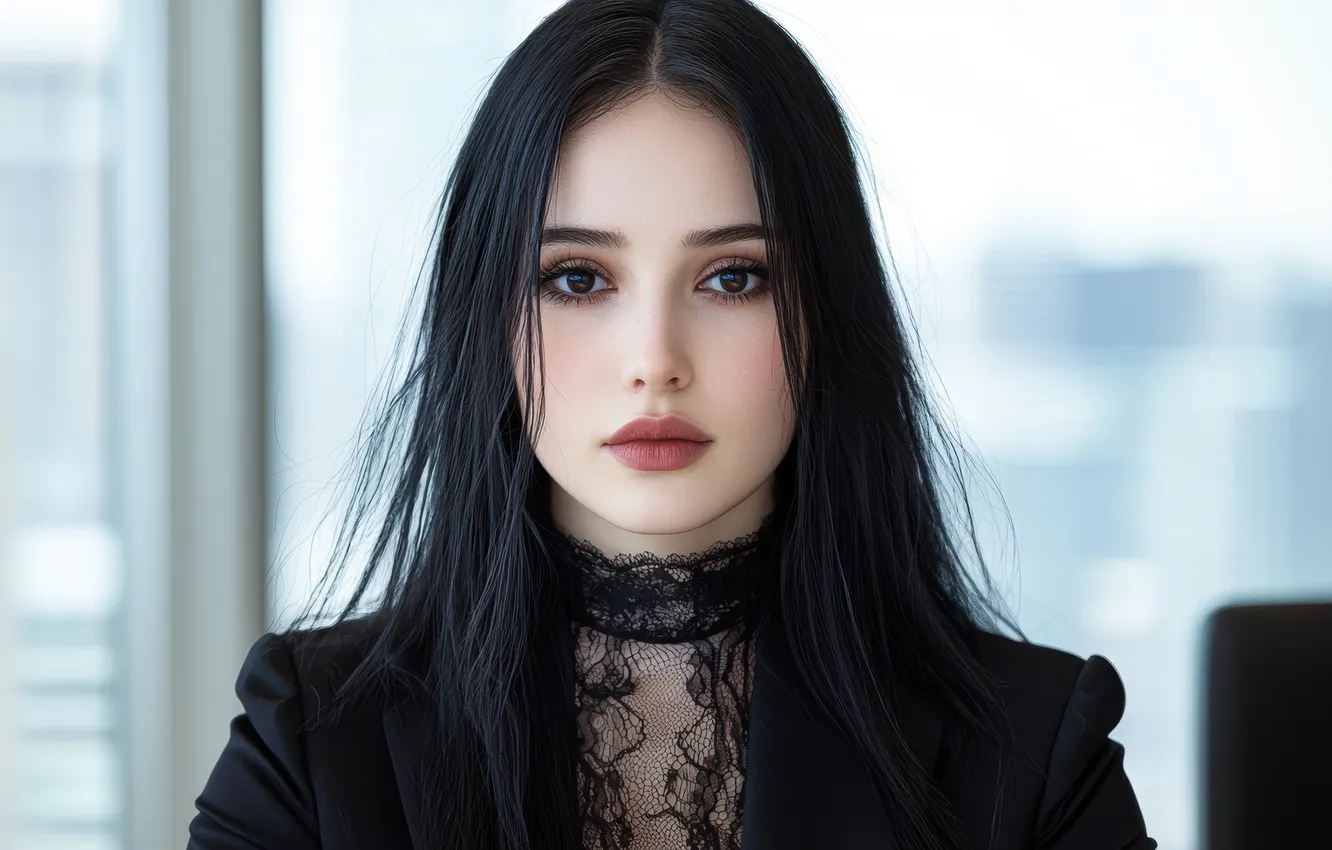 Photo wallpaper look, glass, girl, face, portrait, makeup, brunette, window