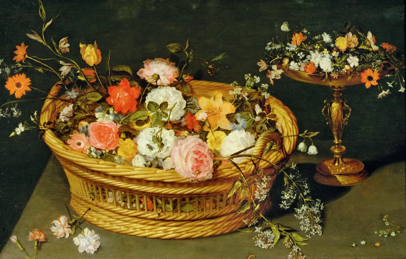 Photo wallpaper basket, picture, vase, Jan Brueghel the younger, Still life with Flowers