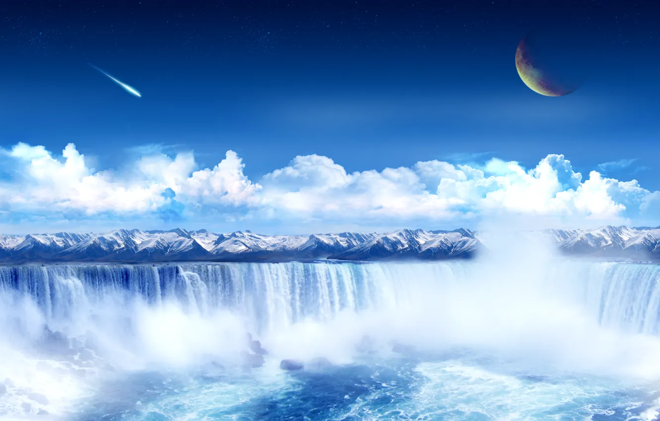 Photo wallpaper winter, clouds, snow, mountains, planet, waterfall