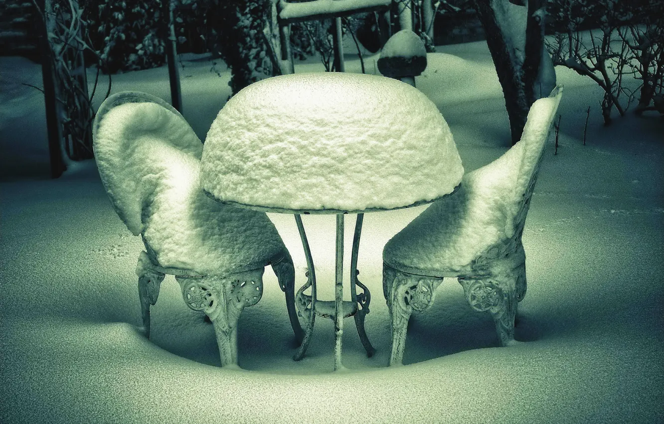 Photo wallpaper winter, forest, snow, trees, table, furniture, frost, chair