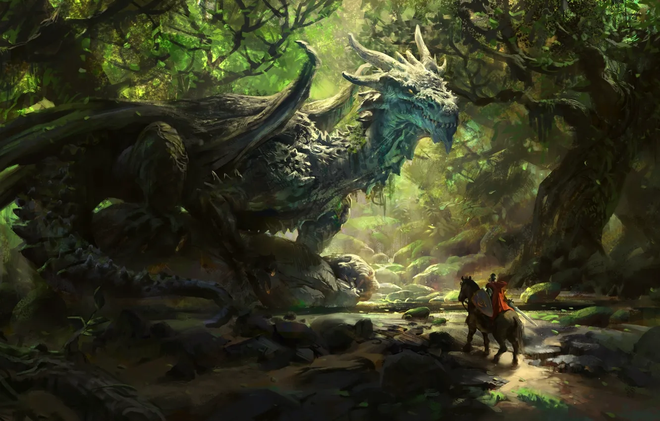 Photo wallpaper forest, figure, fantasy, art, rider, fantasy, knight, forest